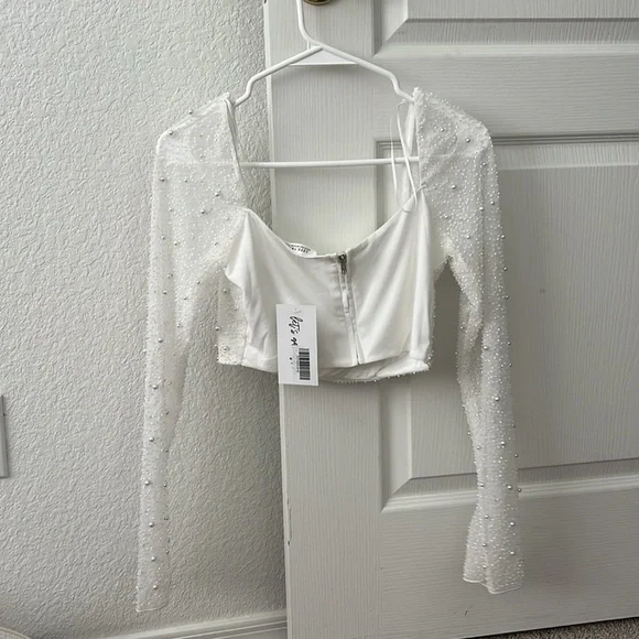12th Tribe Bridal White Beaded Crop Top Long Sleeve - Picture 3 of 3